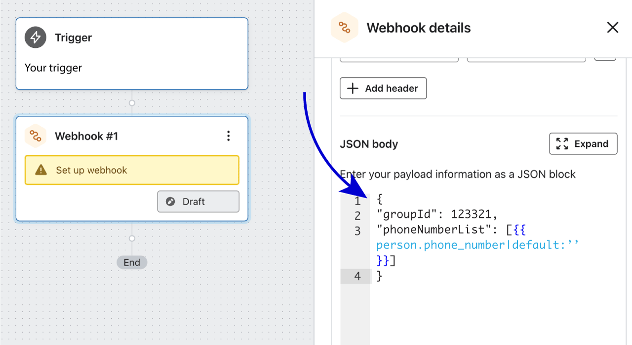 Under JSON body ska du infoga följande JSON som du ser nedan