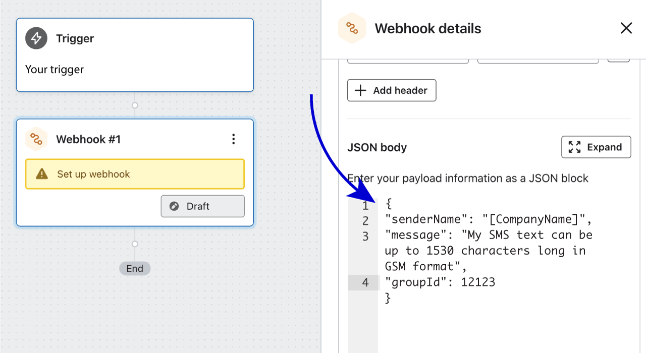 Under JSON body ska du infoga följande JSON som du ser nedan