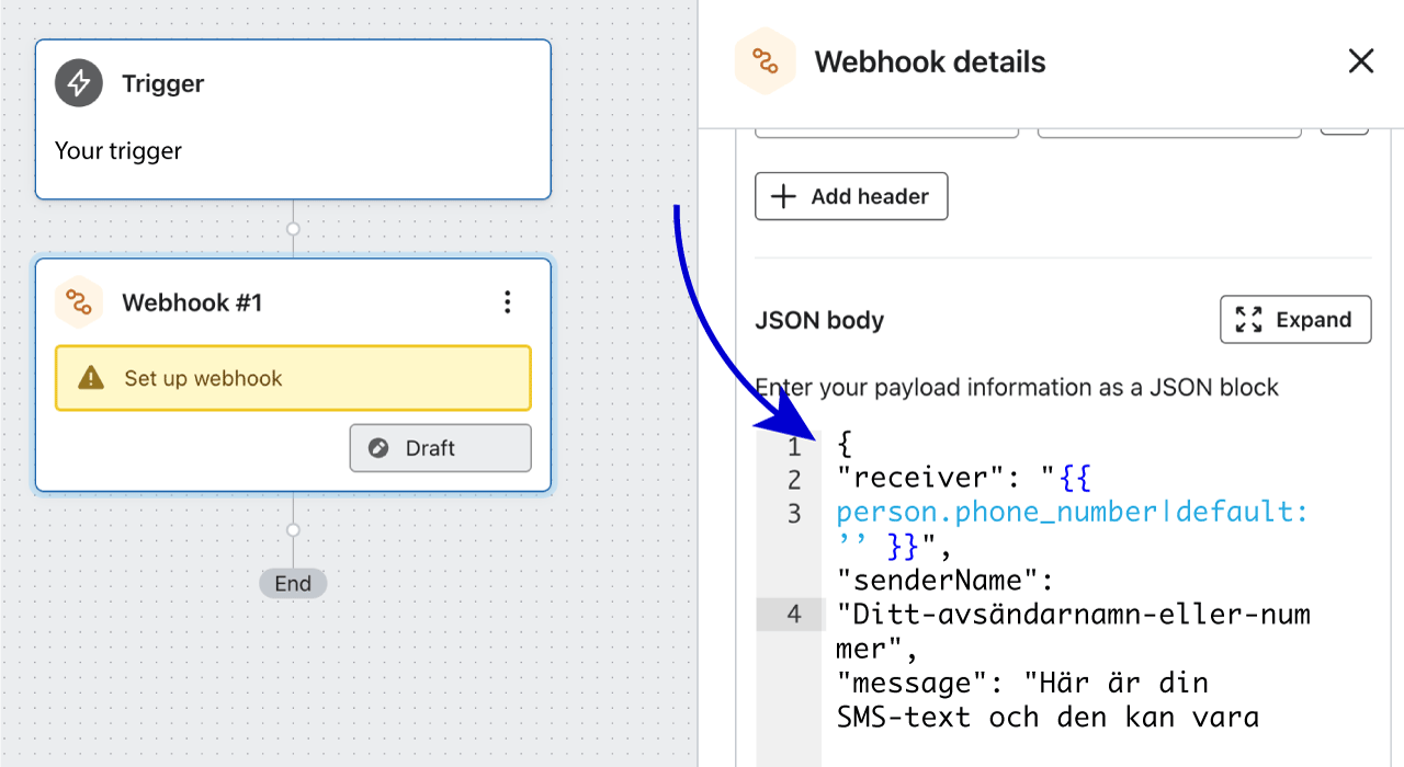 Under JSON body ska du infoga följande JSON som du ser nedan